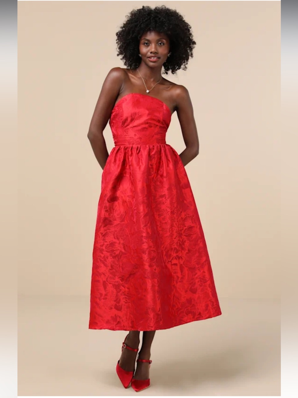 Lulus Picturesque Icon Red Jacquard Lace-Up Strapless Midi Dress Size Medium